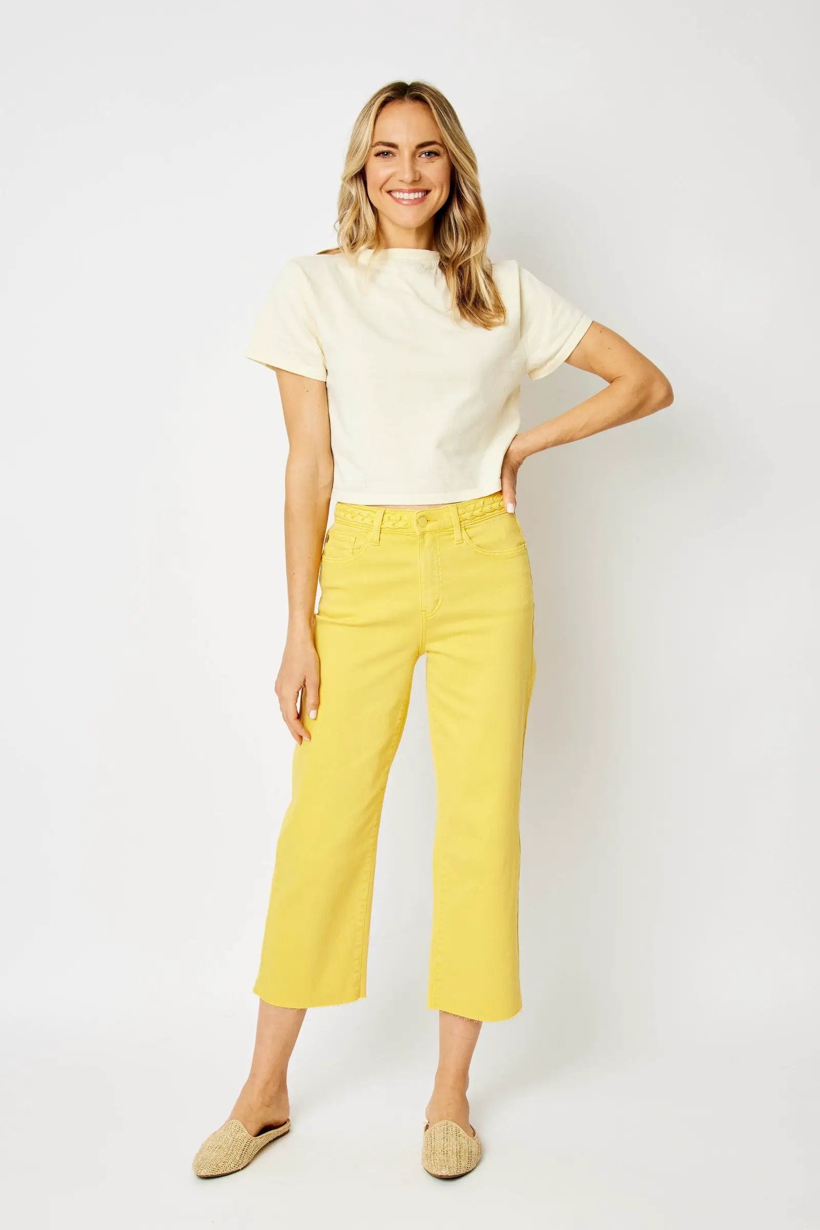 Judy Blue The Braided Waist Band Yellow Cropped Wide Leg Jeans - Jeans Judy Blue High Waisted Yellow Garment Dyed Braided Waist Band Cropped Wide Leg Denim Jeans