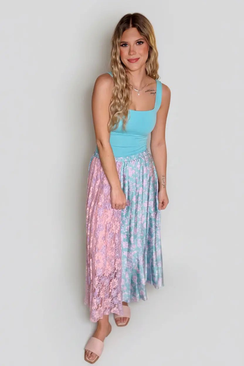 Mystree Mystree Mixed Media Midi Skirt: Teal/Lavender - Skirts
