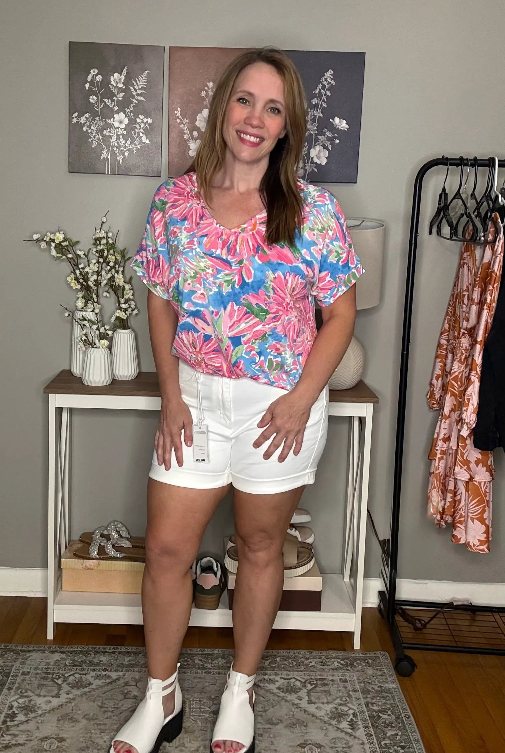 Grateful Threads Boutique Pink Floral Print V Neck T Shirt - T-Shirts Pink Floral T Shirt