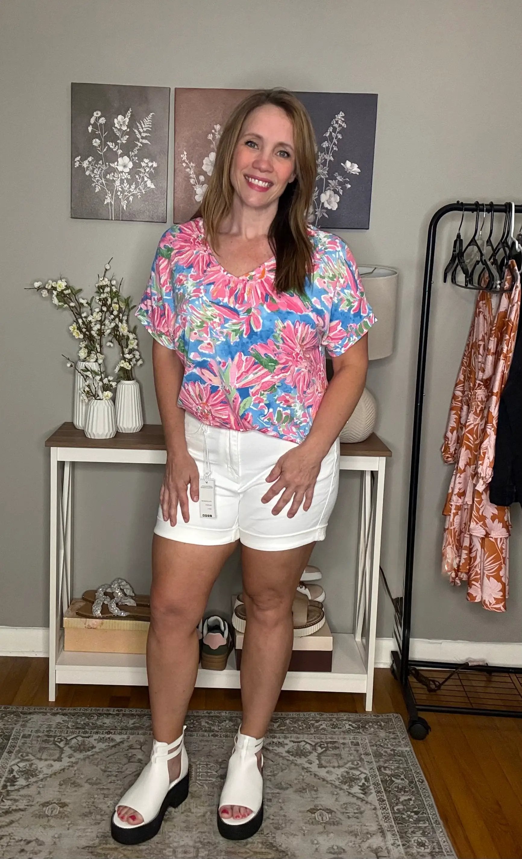 Grateful Threads Boutique Pink Floral Print V Neck T Shirt - T-Shirts Pink Floral T Shirt