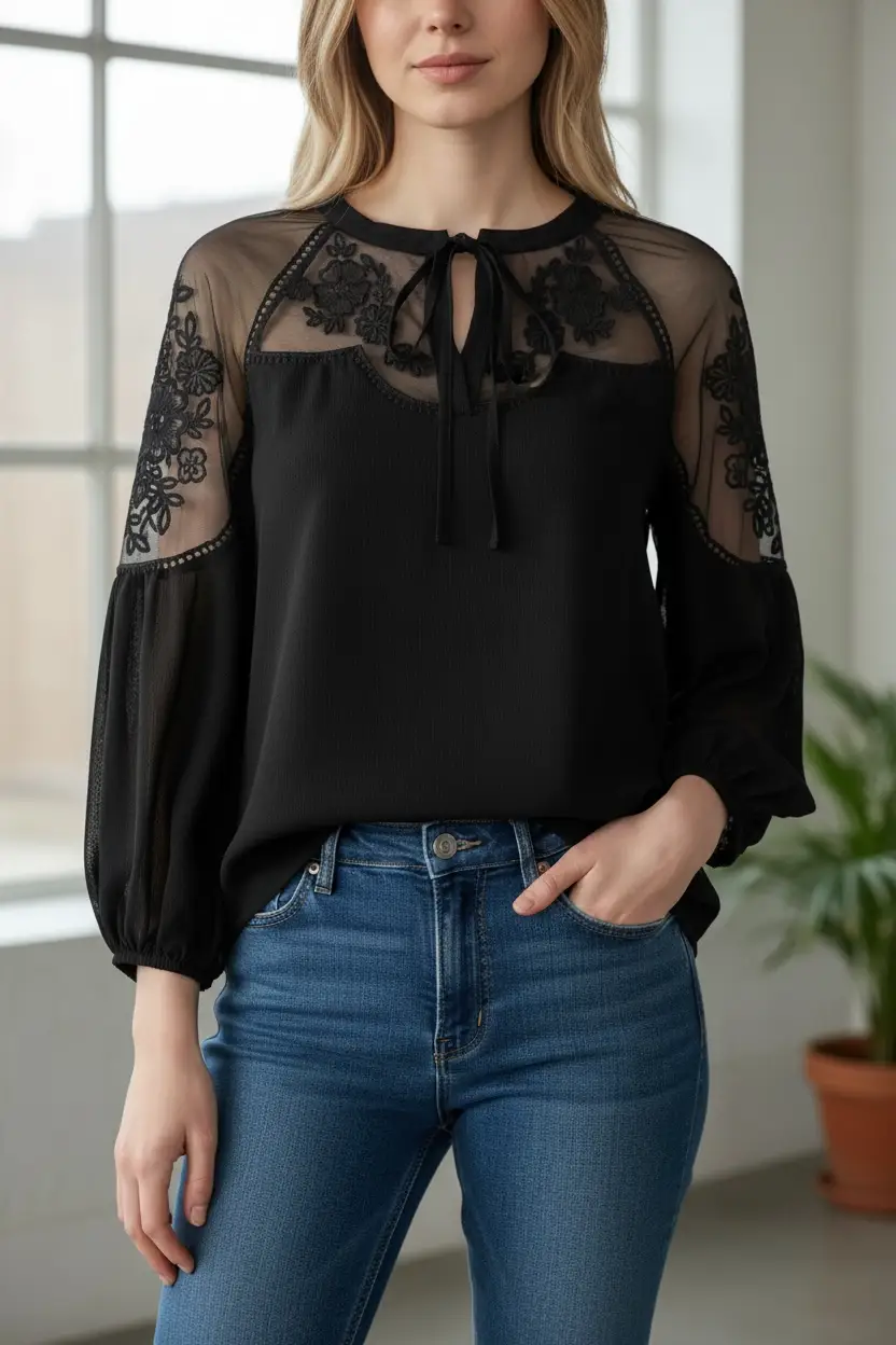 Grateful Threads Boutique The Noir Romance Lace Sleeve Blouse - Blouses Black Formal Invitation Lace Blouse