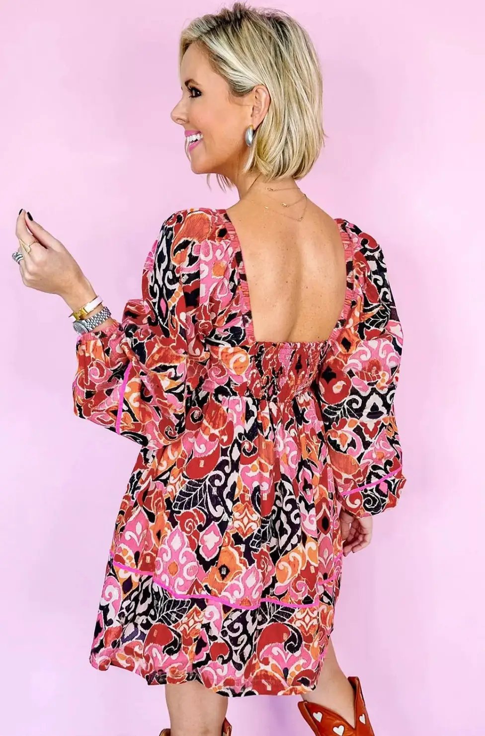 Grateful Threads Boutique Pink Bohemian Square Neck Mini Dress - Dresses