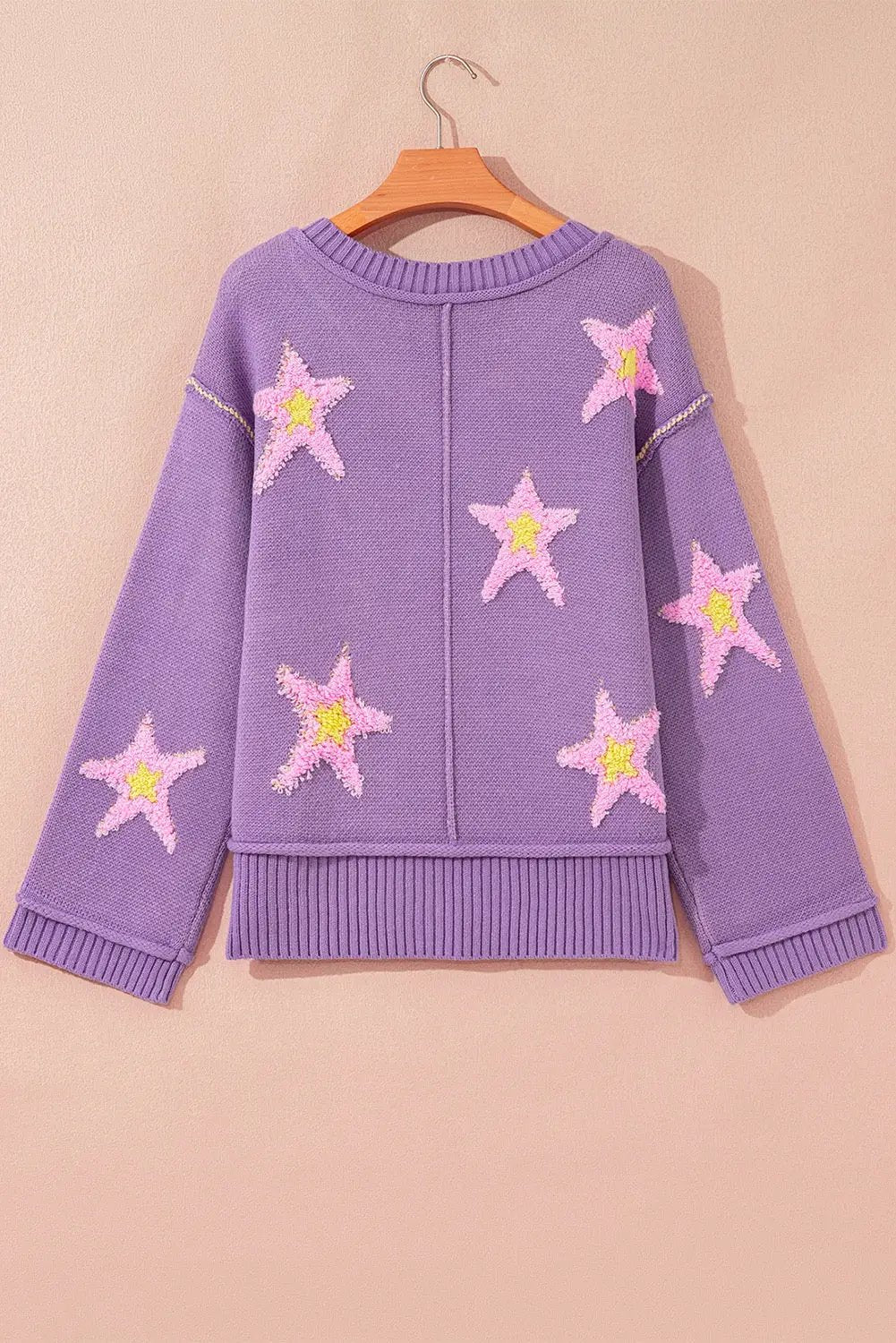 Grateful Threads Boutique Lavender Brushed Star Graphic V-Neck Drop Shoulder Oversize Sweater - Sweaters Lavender Brushed Star Graphic V-Neck Drop Shoulder Oversize Sweater