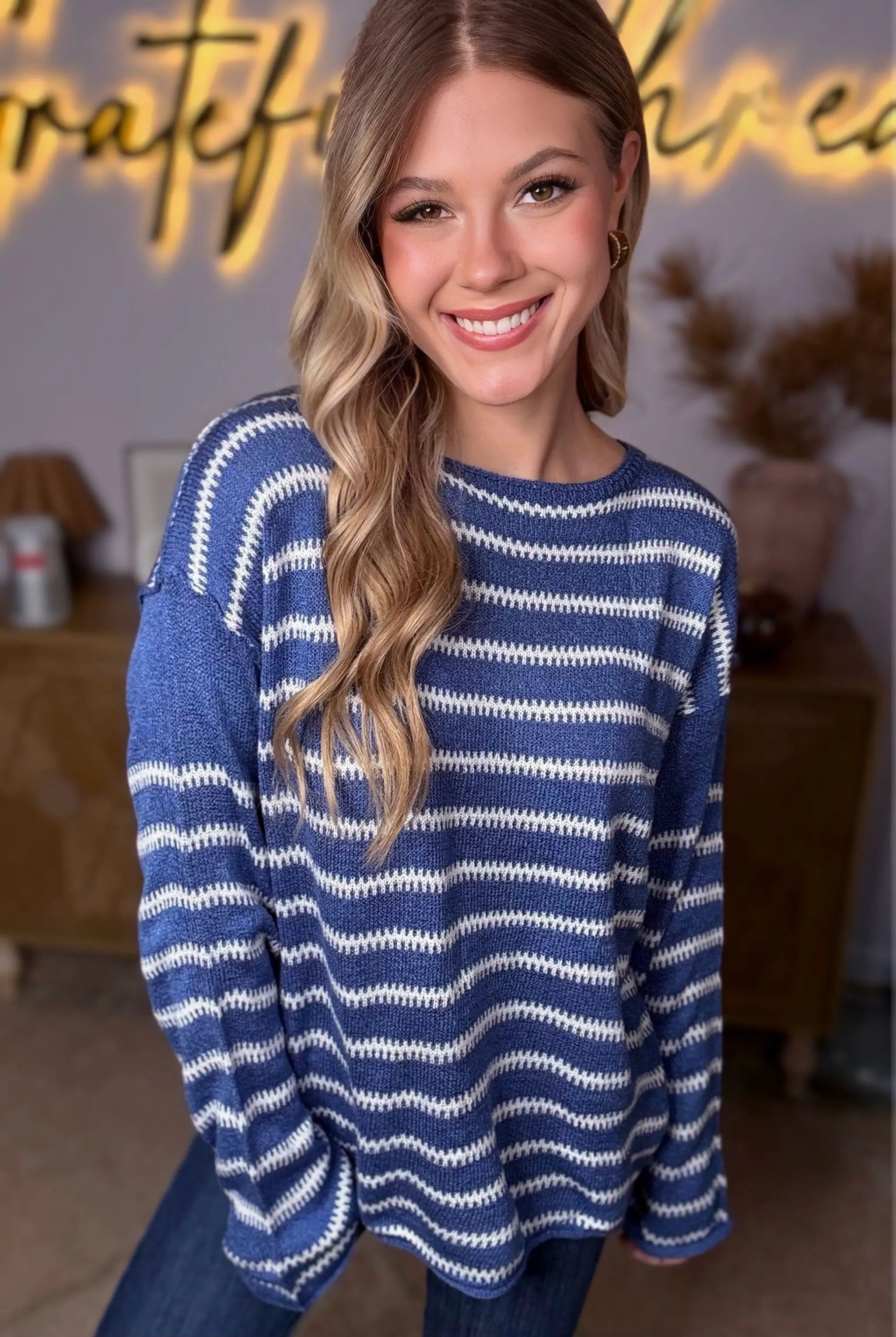 Grateful Threads Boutique Blue Striped Drop Shoulder Sweater - Shirts