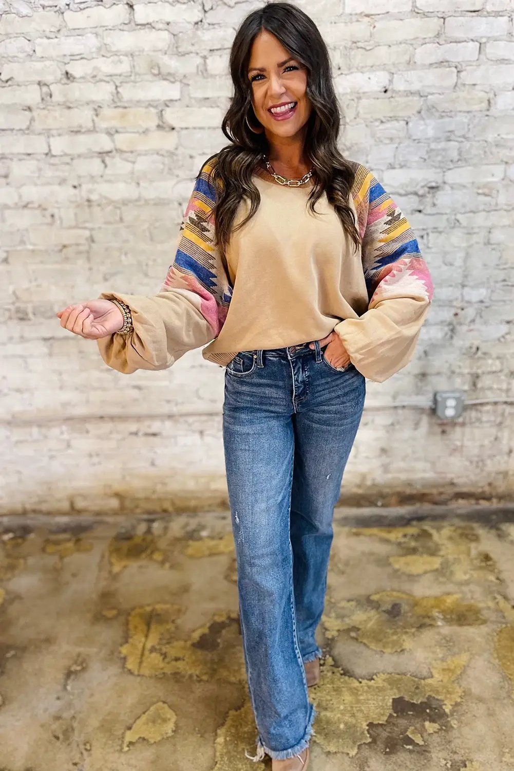 Grateful Threads Boutique Light French Beige Aztec Patchwork Raglan Pullover Sweatshirt - Sweatshirts Light French Beige Aztec Patchwork Raglan Pullover Sweatshirt