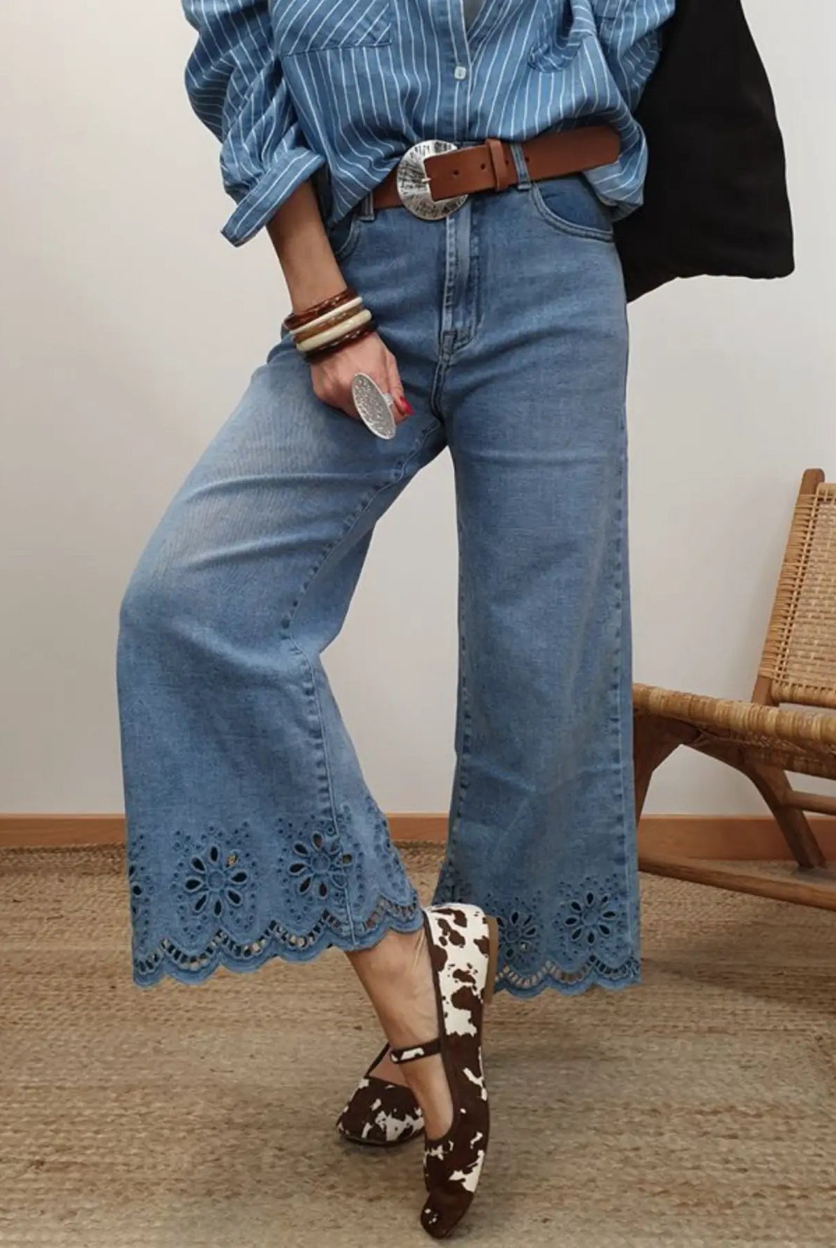 Grateful Threads Boutique Dusk Blue Embroidered Cropped Wide Leg High Waist Jeans - Jeans
