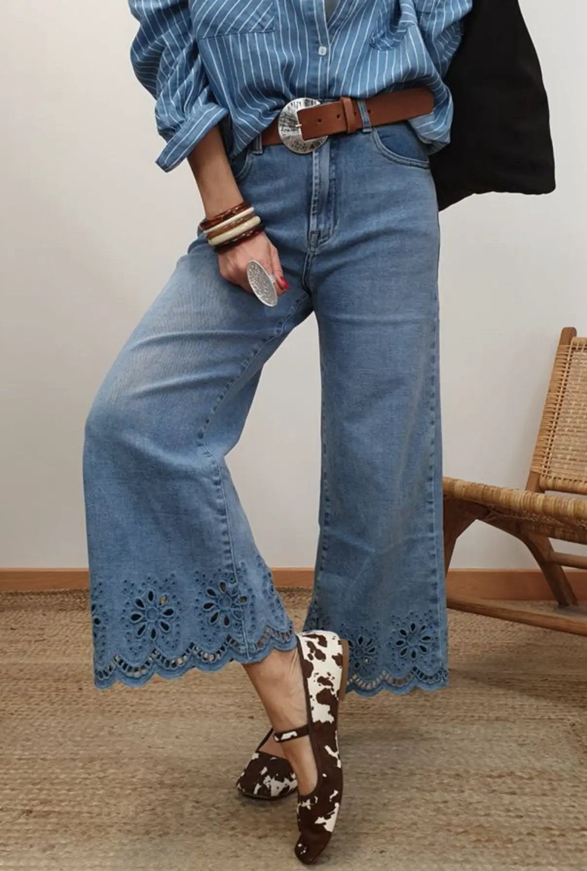 Grateful Threads Boutique Dusk Blue Embroidered Cropped Wide Leg High Waist Jeans - Jeans