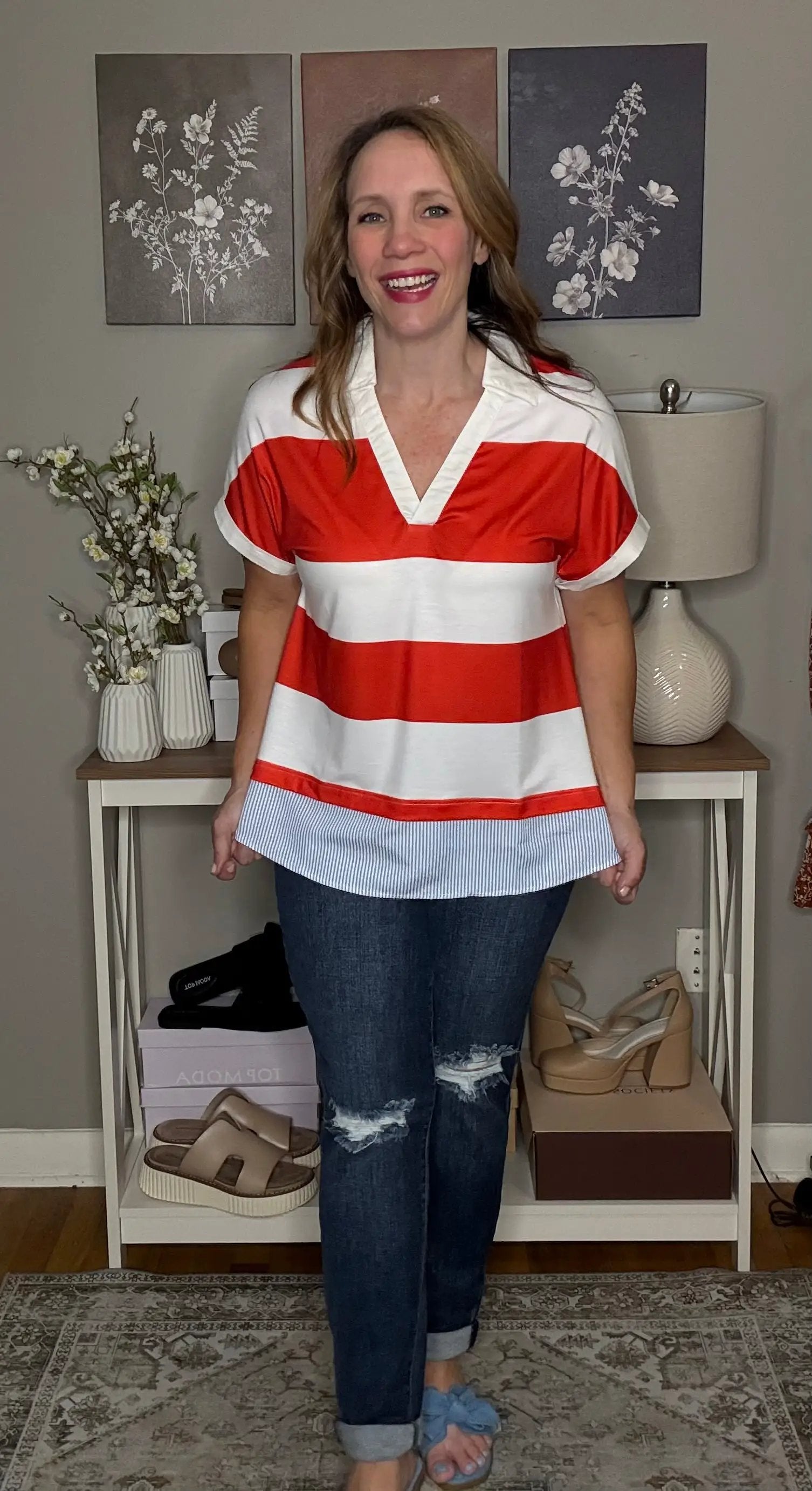 Grateful Threads Boutique Red Stripe Collar V Neck Cuffed Dolman Short Sleeve Top - Clothing Tops red stripe collar v neck