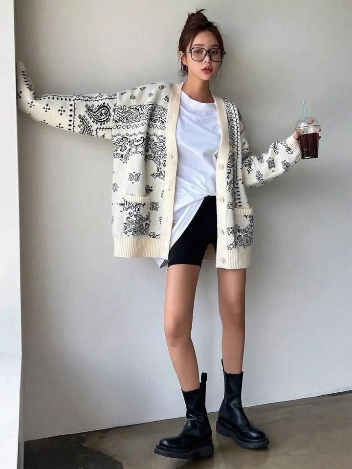 Grateful Threads Boutique Cream & Black Chunky Bandana Knit Oversized Cardigan - Cardigans