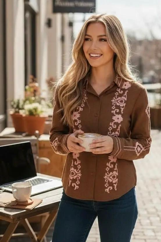 &MERCI &merci - Embroidered Button-Up Top in Mocha Brown - Blouses