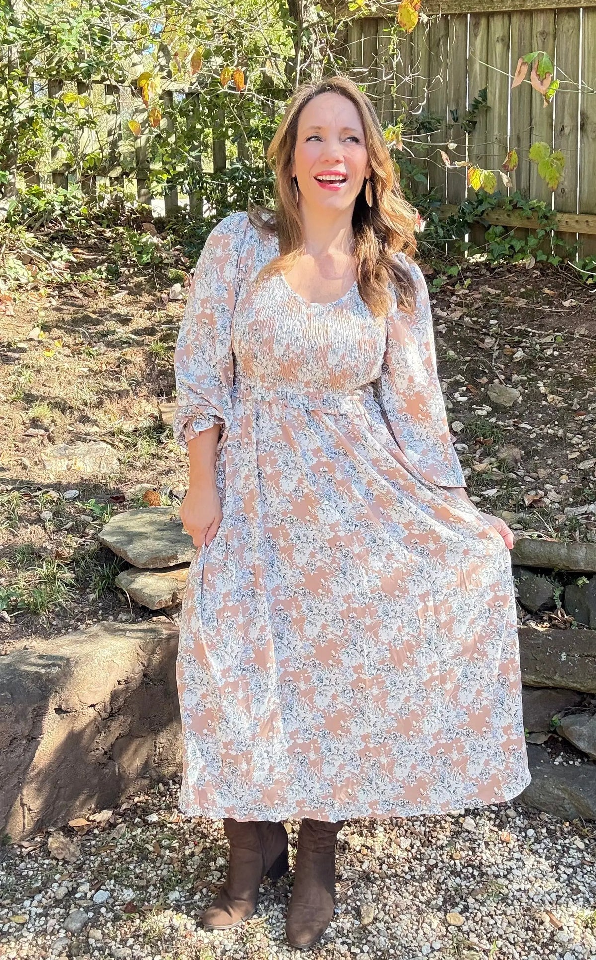 Grateful Threads Boutique Khaki Maple Grove Floral Smocked Puff Sleeve Long Dress - Dresses Khaki Maple Grove Floral Smocked Puff Sleeve Long Dress