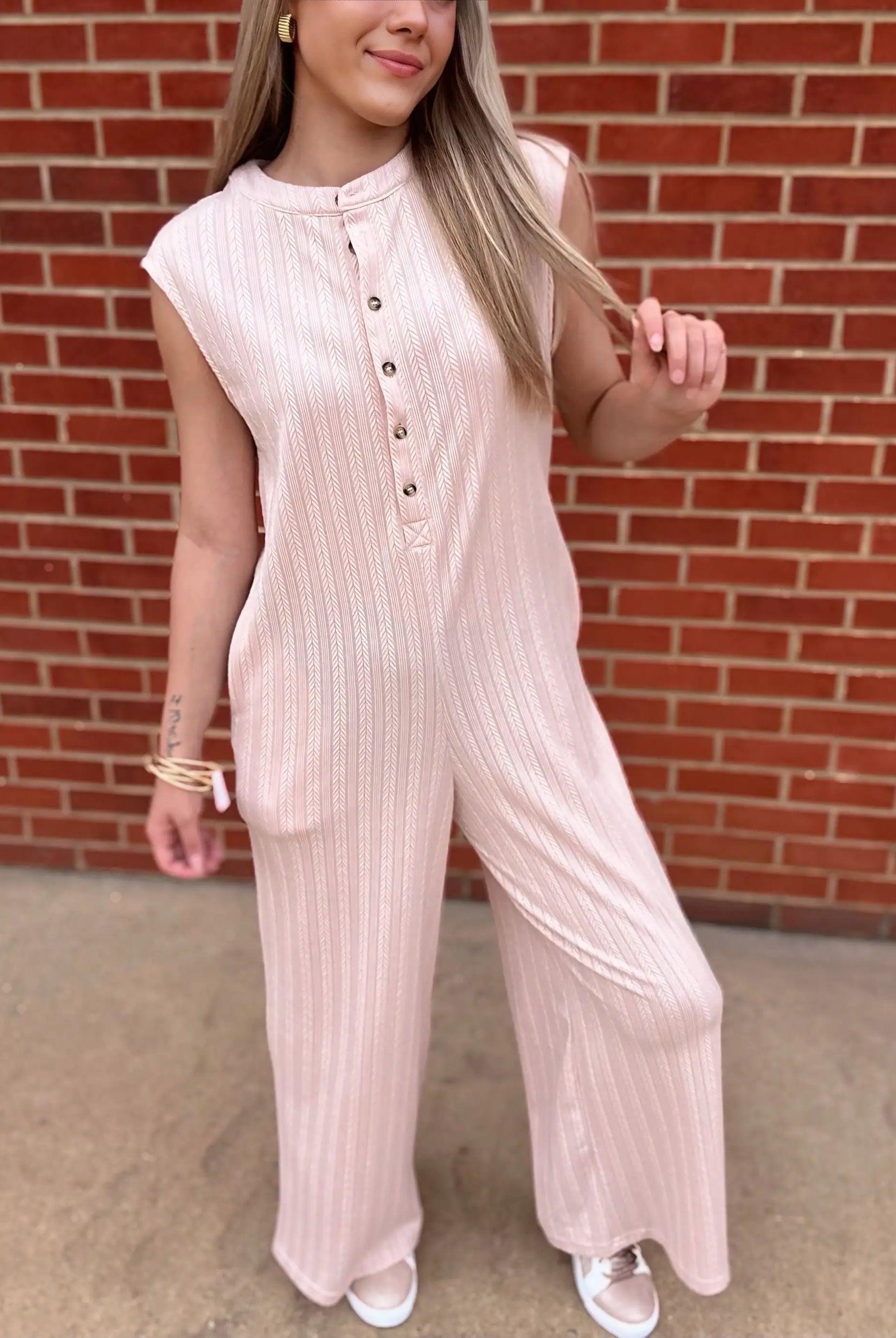Grateful Threads Boutique Textured Buttoned Wide Leg Sleeveless Jumpsuit – Smoke Gray Chic - One-Pieces gray wide leg sleeveless jumpsuit