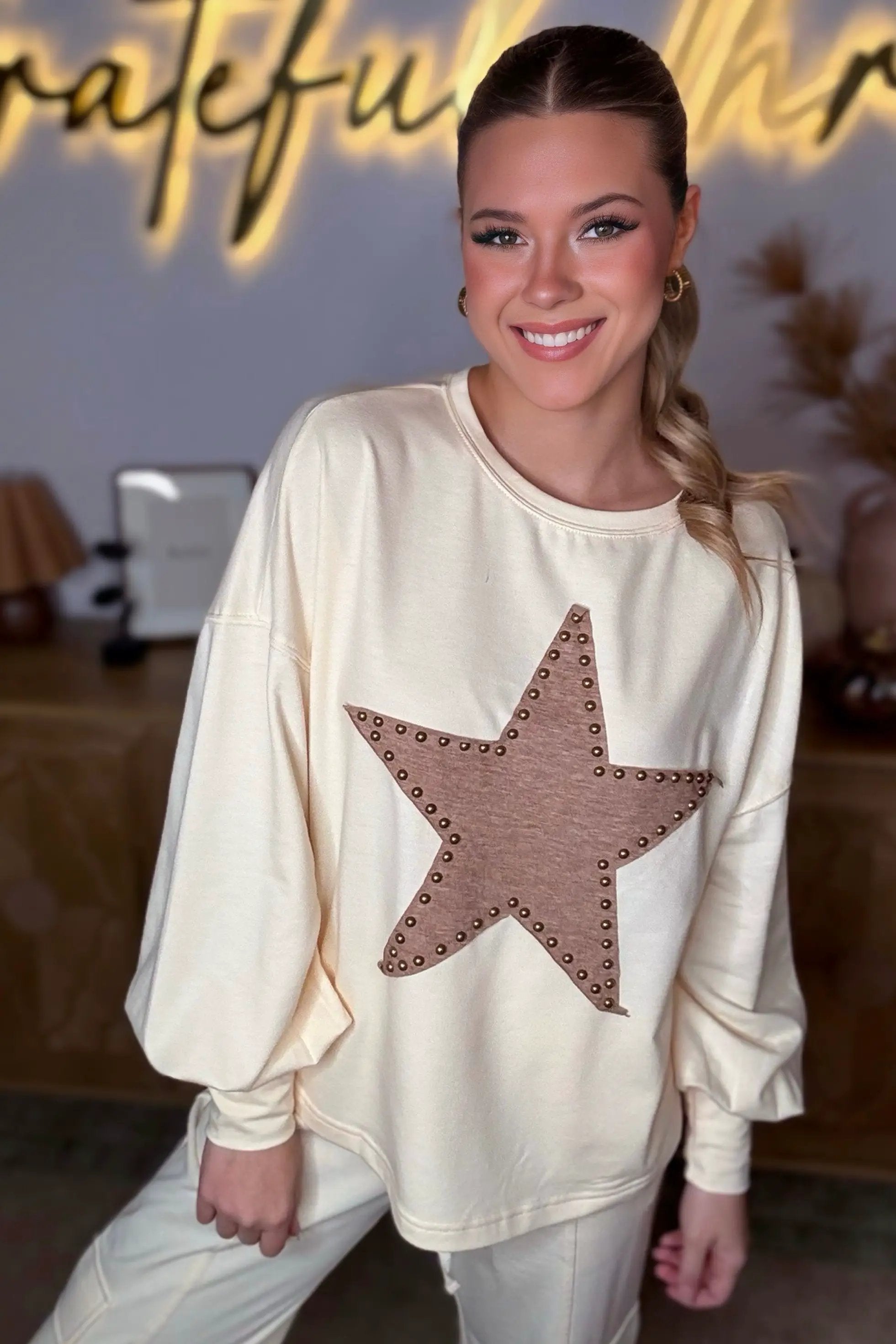 Grateful Threads Boutique Apricot Studded Graphic Long Sleeve Top - Clothing Tops studded star graphic top