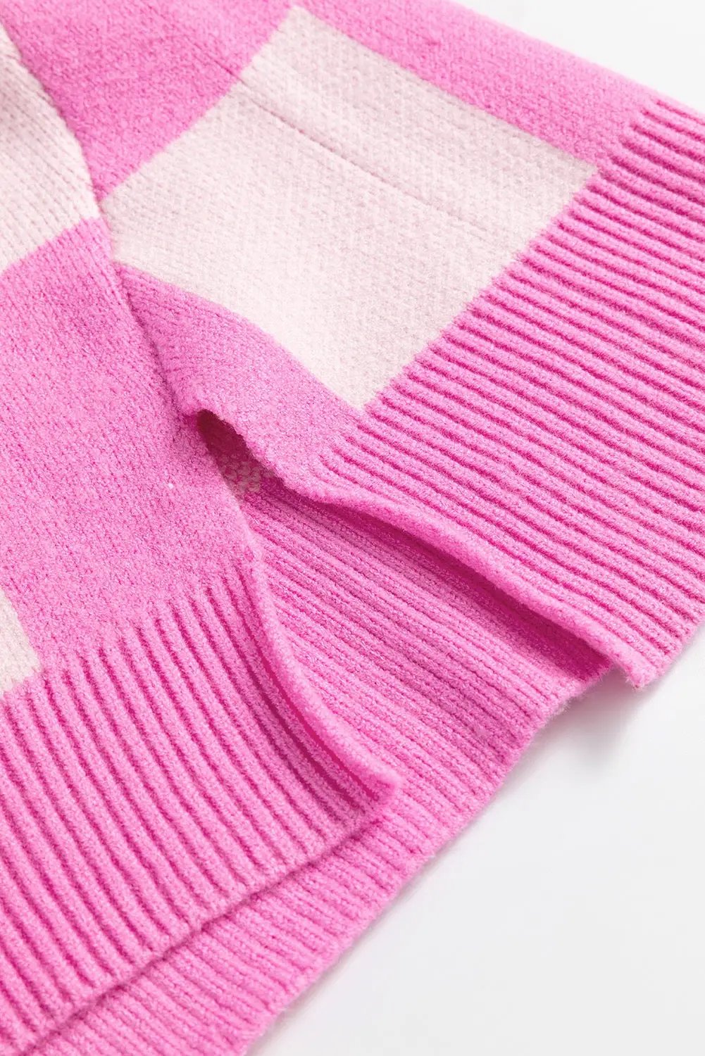 Grateful Threads Boutique Pink Checkerboard Half Button Collared Drop Shoulder Sweater - Sweaters Pink Checkerboard Half Button Collared Drop Shoulder Sweater