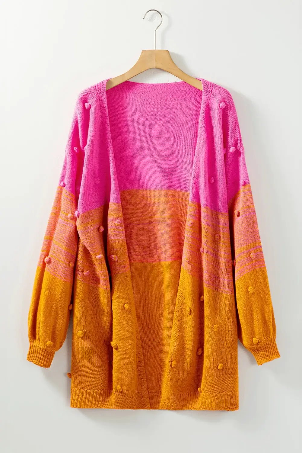 Grateful Threads Boutique Sunset Color Block Pom Pom Open Front Cardigan Sweater - Cardigans Multicolor Pompom Color Block Open Front Cardigan
