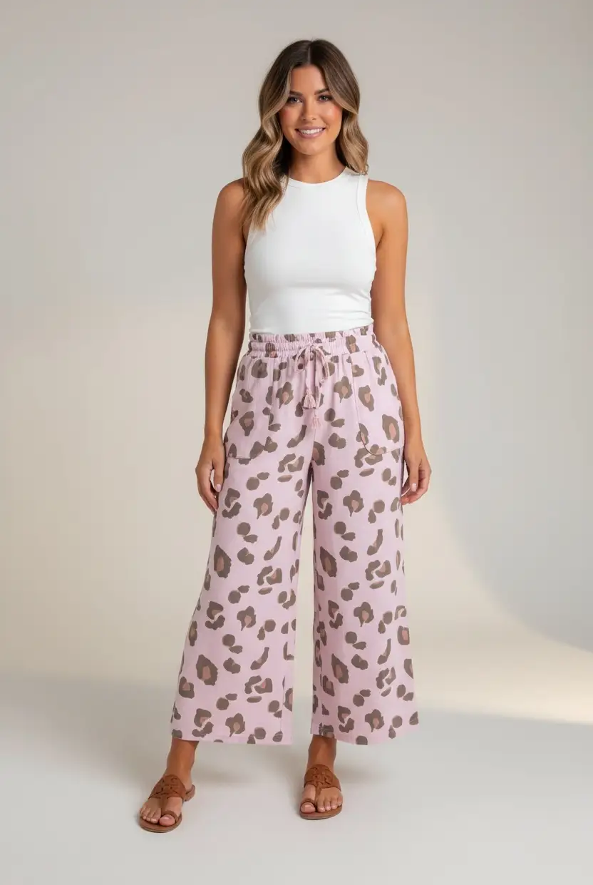 Grateful Threads Boutique Pink Drawstring Leopard Print Patch Pocket Loose Pants - Pants Pink Drawstring Leopard Print Patch Pocket Loose Pants