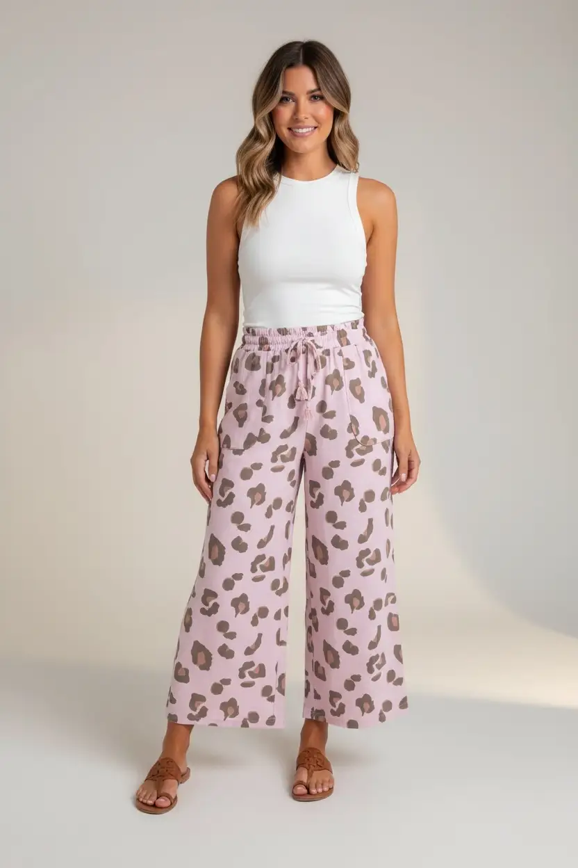 Grateful Threads Boutique Pink Drawstring Leopard Print Patch Pocket Loose Pants - Pants Pink Drawstring Leopard Print Patch Pocket Loose Pants