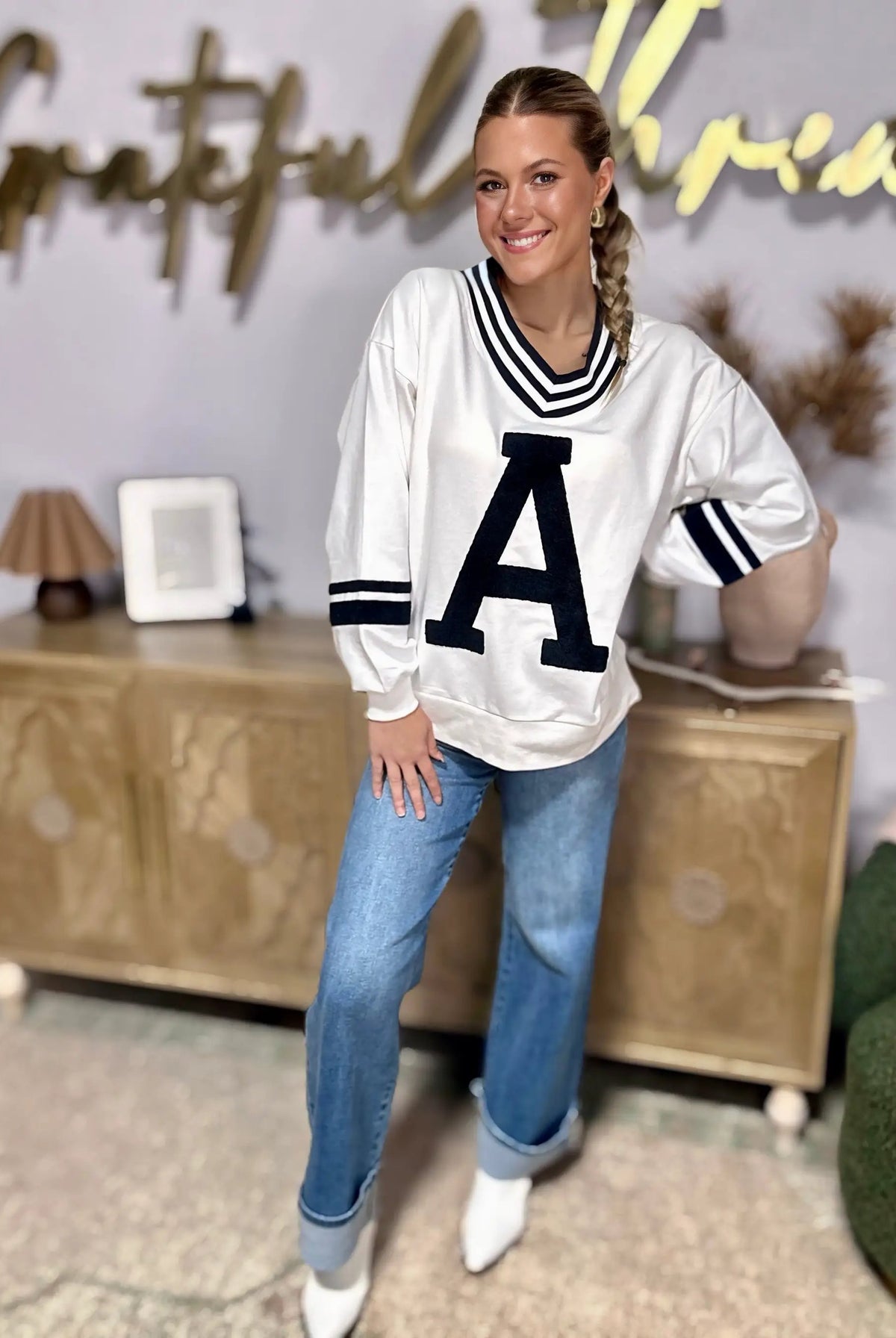 Oddi Oddi - Varsity-Inspired Pullover: White Blue Combo - Sweatshirts