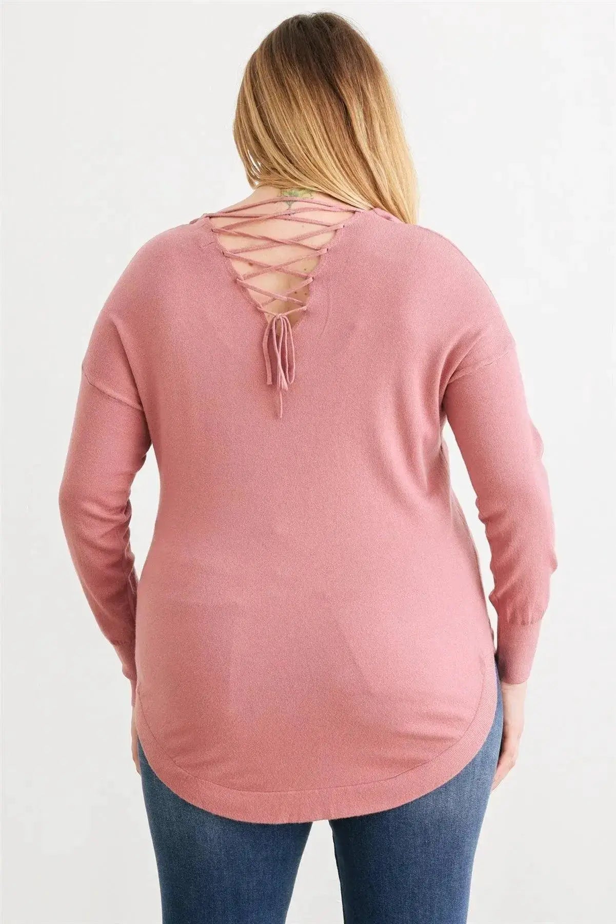 Zenobia Plus Size Lace-Up Back Curved Hem Basic Knit Top - Clothing Tops Plus size Lace-up back knit top
