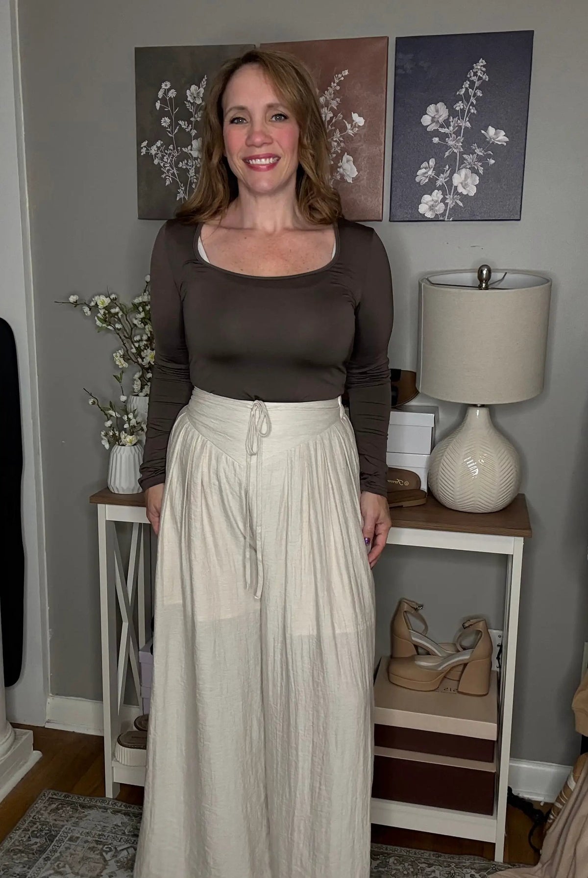Grateful Threads Boutique Beige Drawstring Waist Pleated Wide Leg Casual Pants - Pants drawstring waist wide leg pants