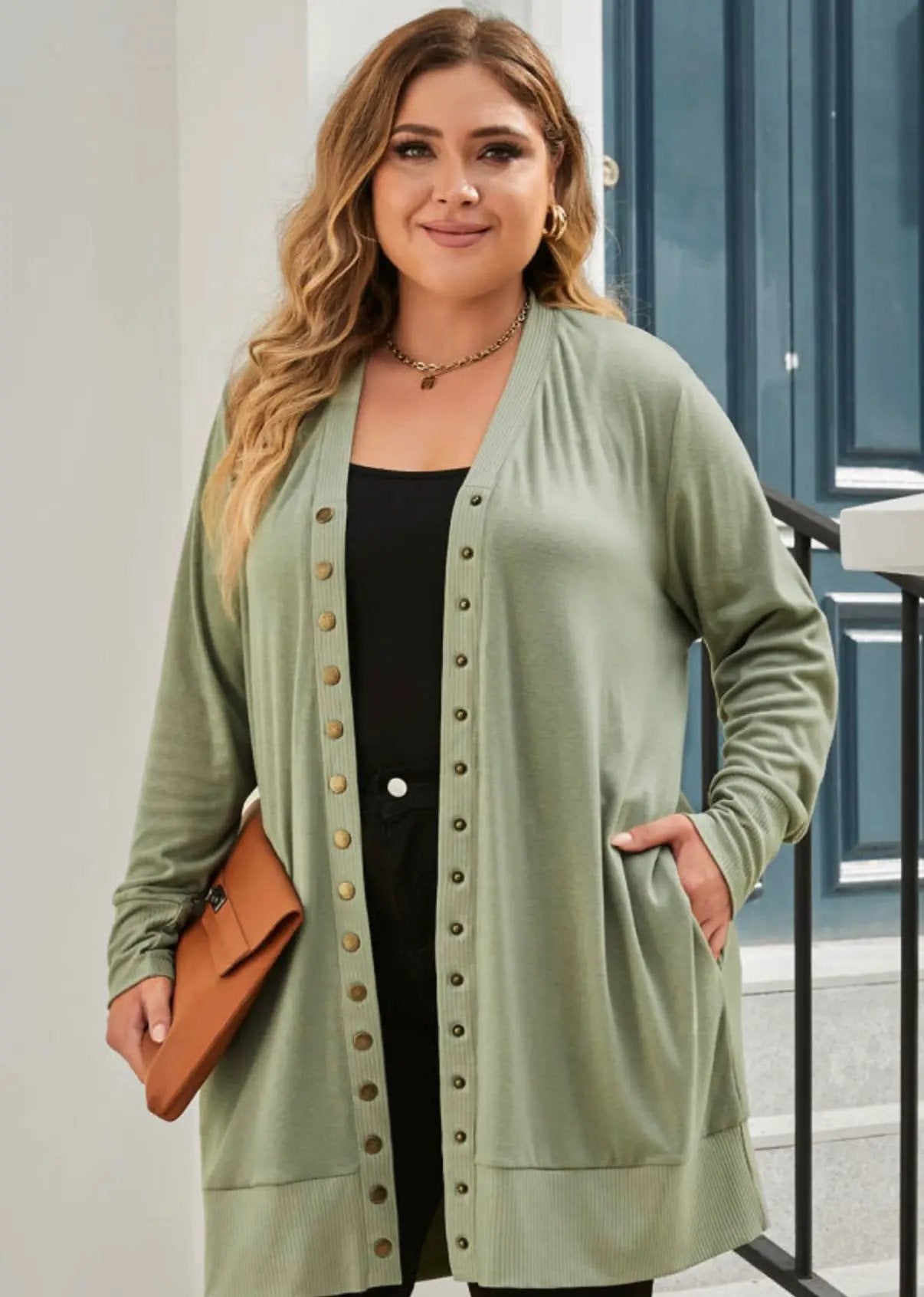 Grateful Threads Boutique Green Plus Size Snap Buttons Front Knit Cardigan - Cardigans Green Plus Size Snap Buttons Front Knit Cardigan