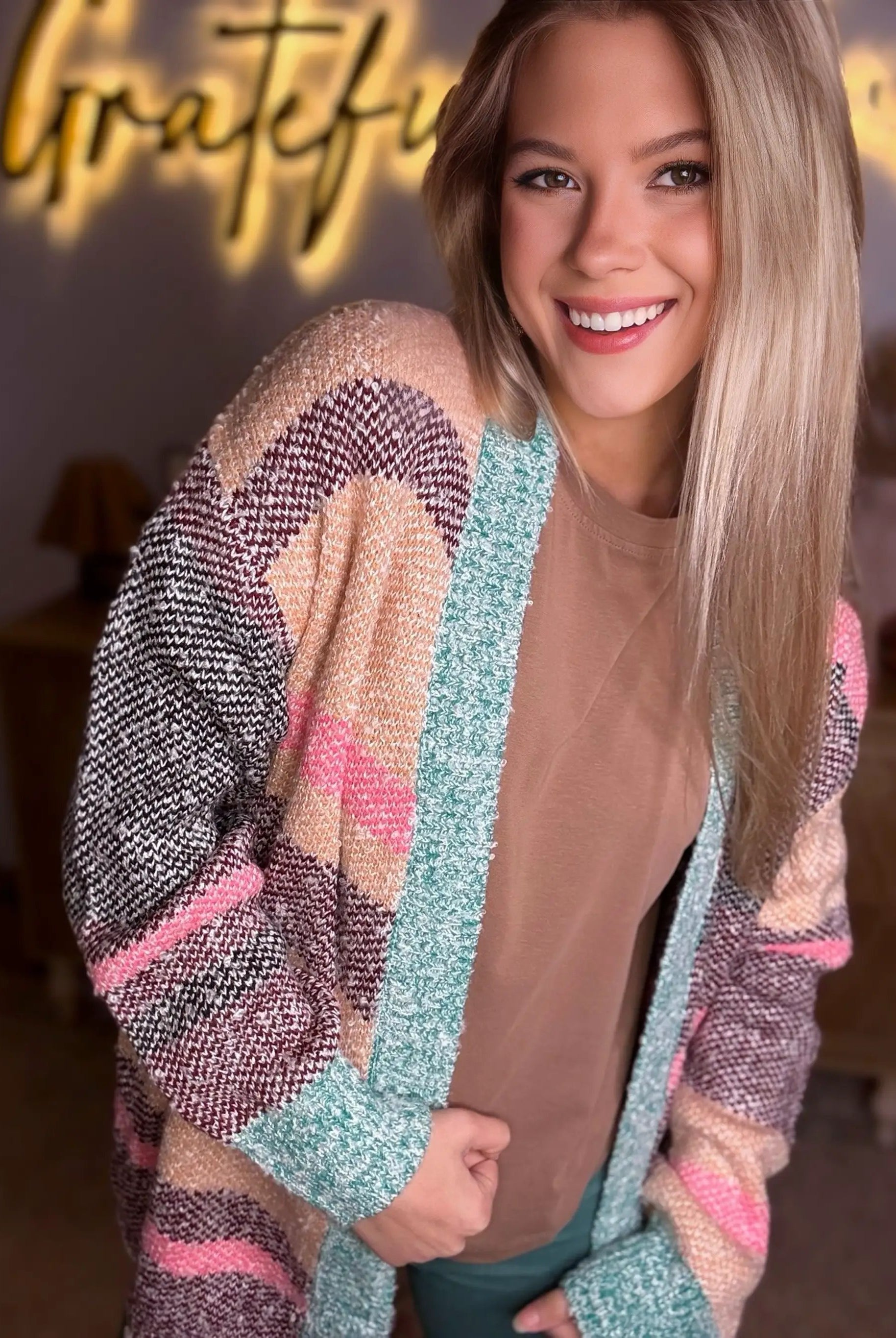 Grateful Threads Boutique Multicolor Color Block Striped Side Slit Open Front Cardigan - Cardigans Multicolor Color Block Striped Side Slit Open Front Cardigan