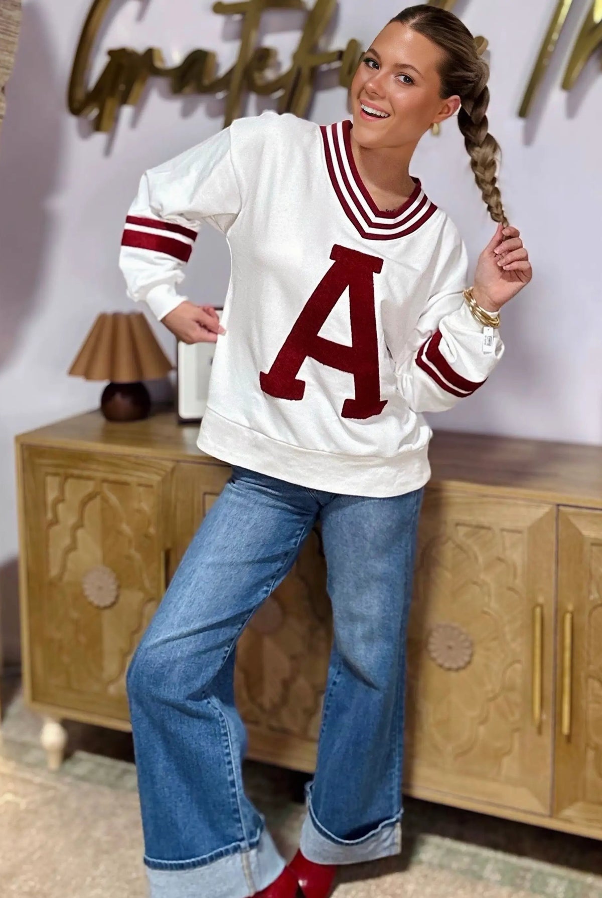 Oddi Oddi - Varsity-Inspired Pullover: White Red Combo - Sweatshirts