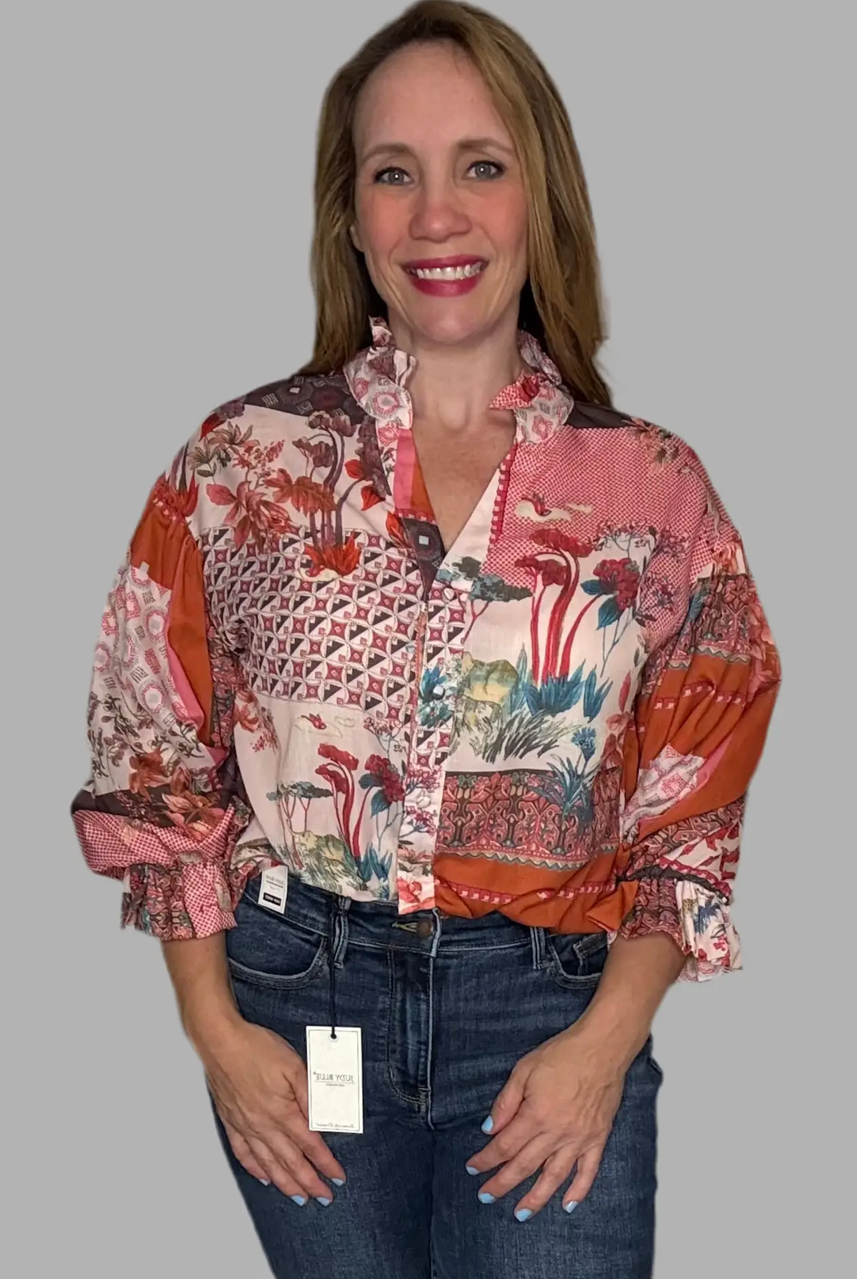 Grateful Threads Boutique Red Boho Bubble Sleeve Shirt - Shirts