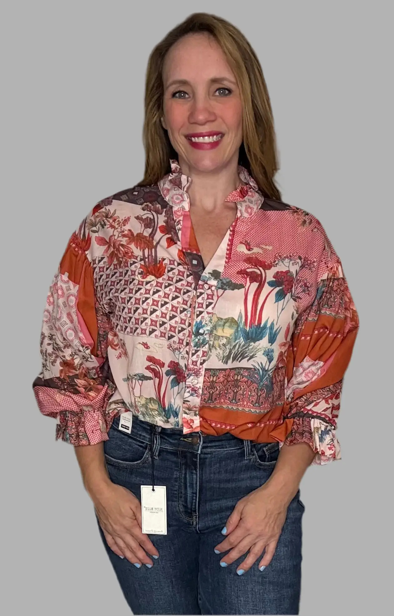 Grateful Threads Boutique Red Boho Bubble Sleeve Shirt - Shirts