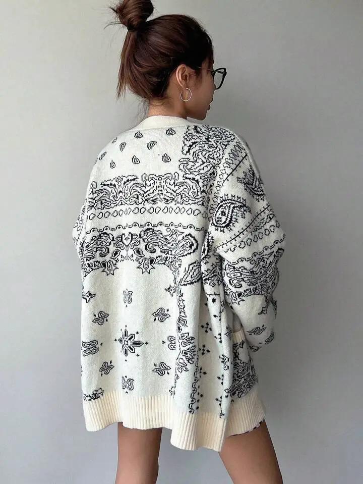 Grateful Threads Boutique Cream & Black Chunky Bandana Knit Oversized Cardigan - Cardigans