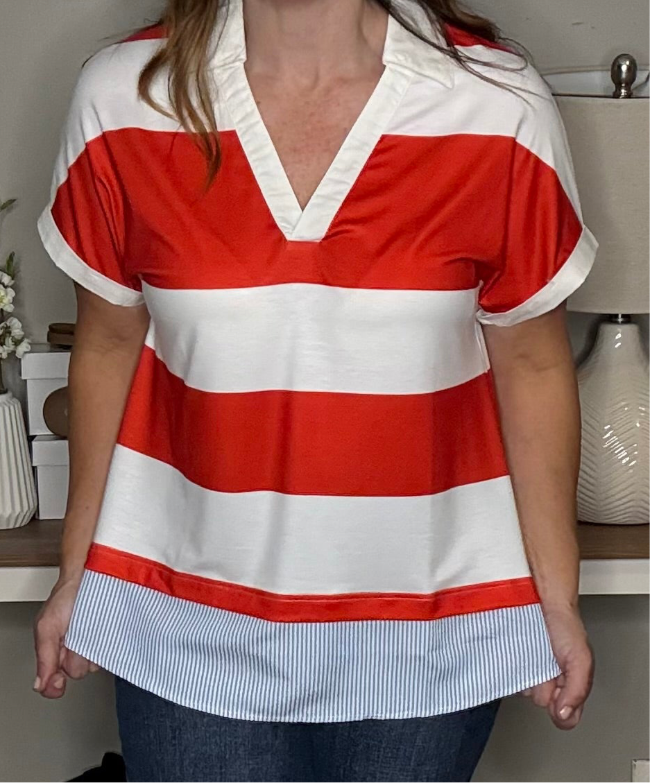 Grateful Threads Boutique Red Stripe Collar V Neck Cuffed Dolman Short Sleeve Top - Clothing Tops red stripe collar v neck