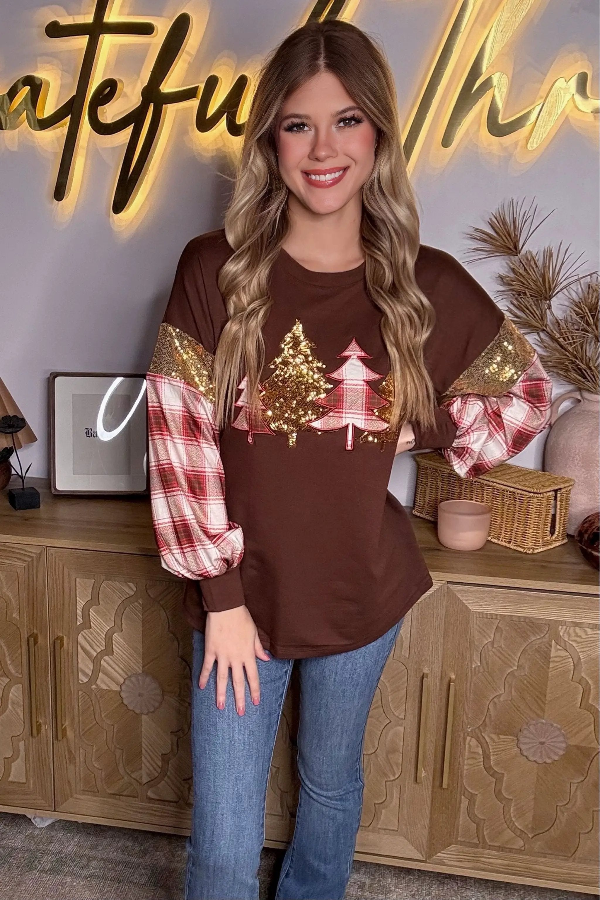 Grace & Emma The Brown Plaid Christmas Tree Top - Sweaters