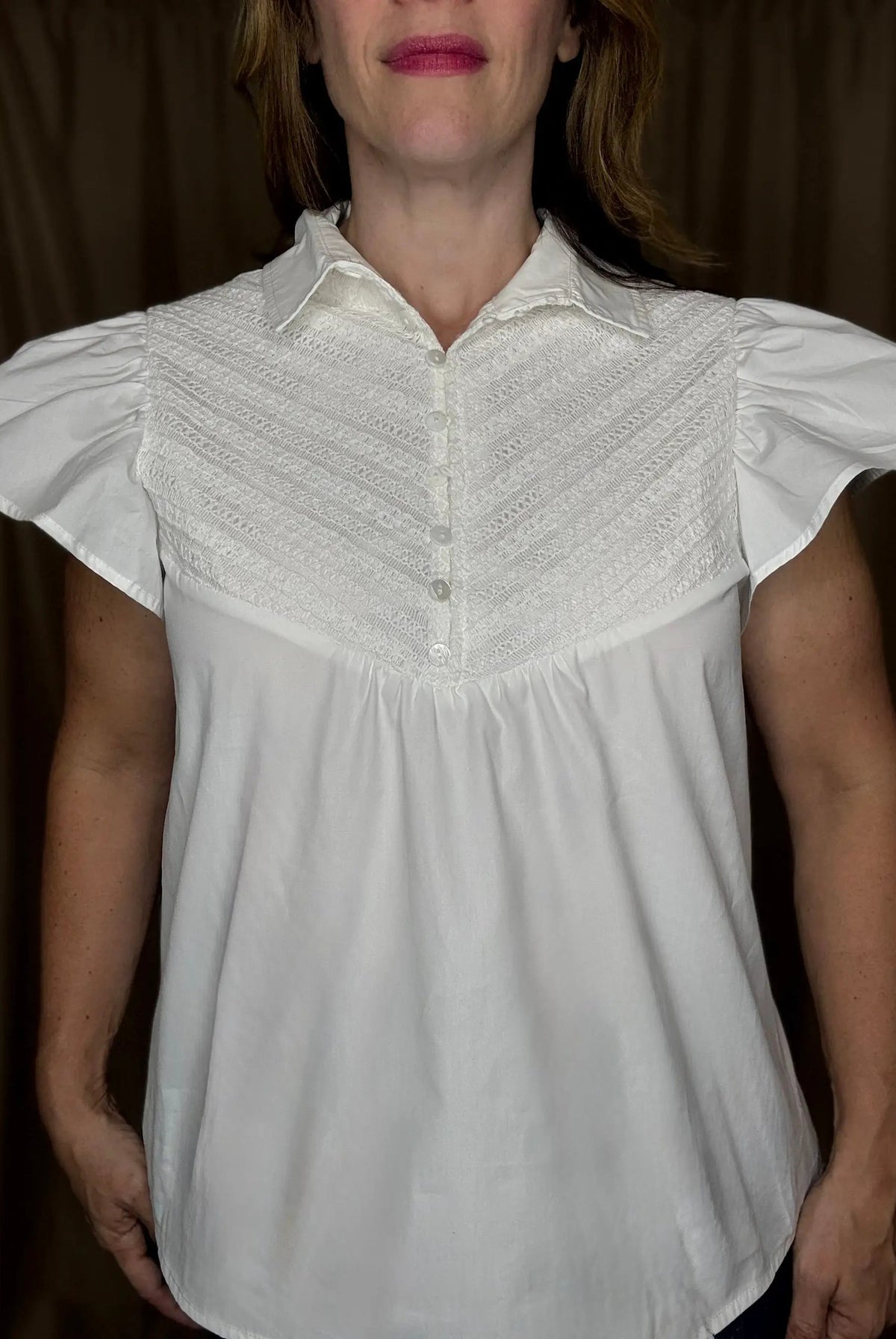 Grateful Threads Boutique White Half Button Lace Patchwork Flutter Sleeve Blouse - Blouses White lace flutter sleeve top