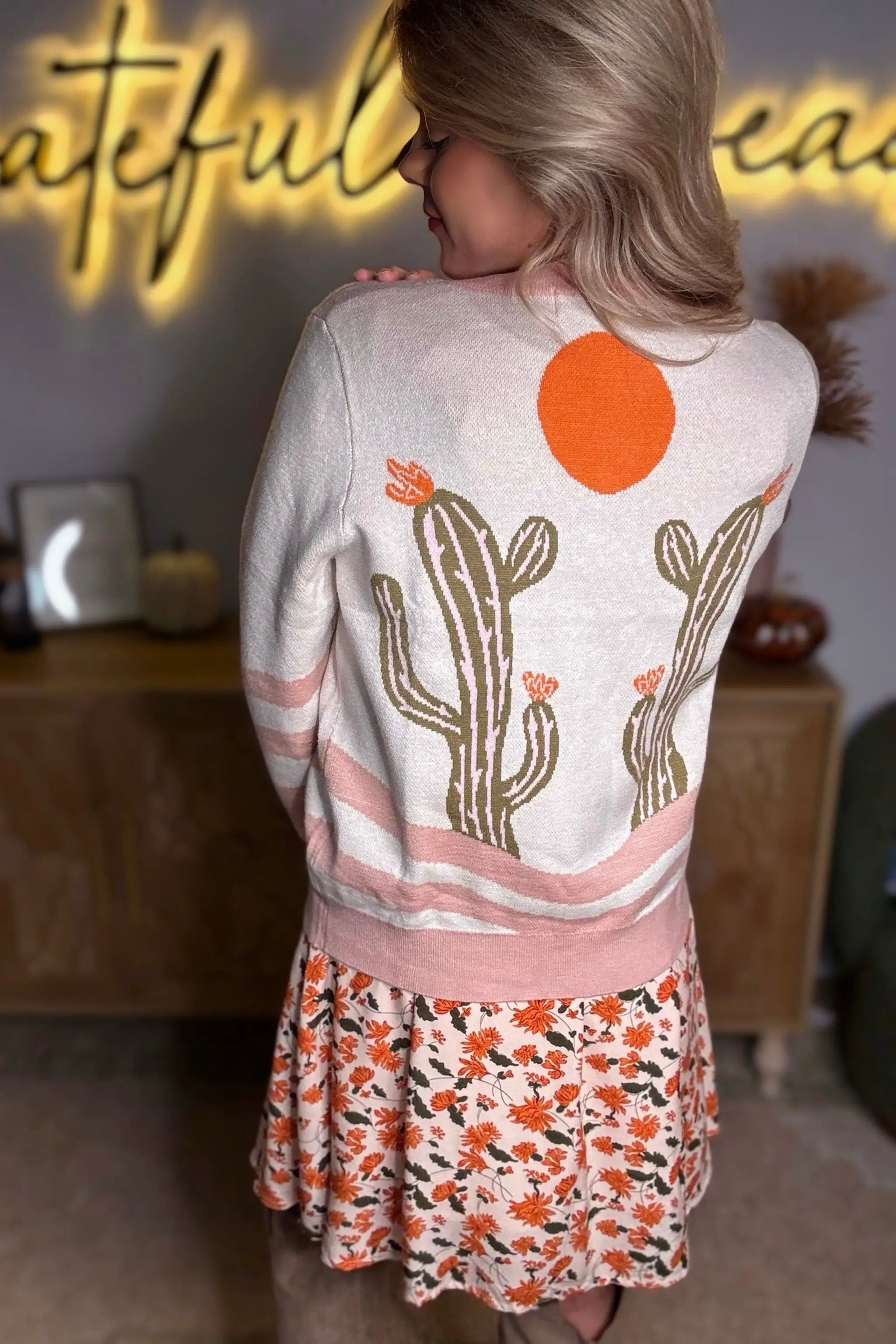 Grateful Threads Boutique Apricot Desert Cactus Buttoned Front Sweater Cardigan - Cardigans Apricot Desert Cactus Buttoned Front Sweater Cardigan