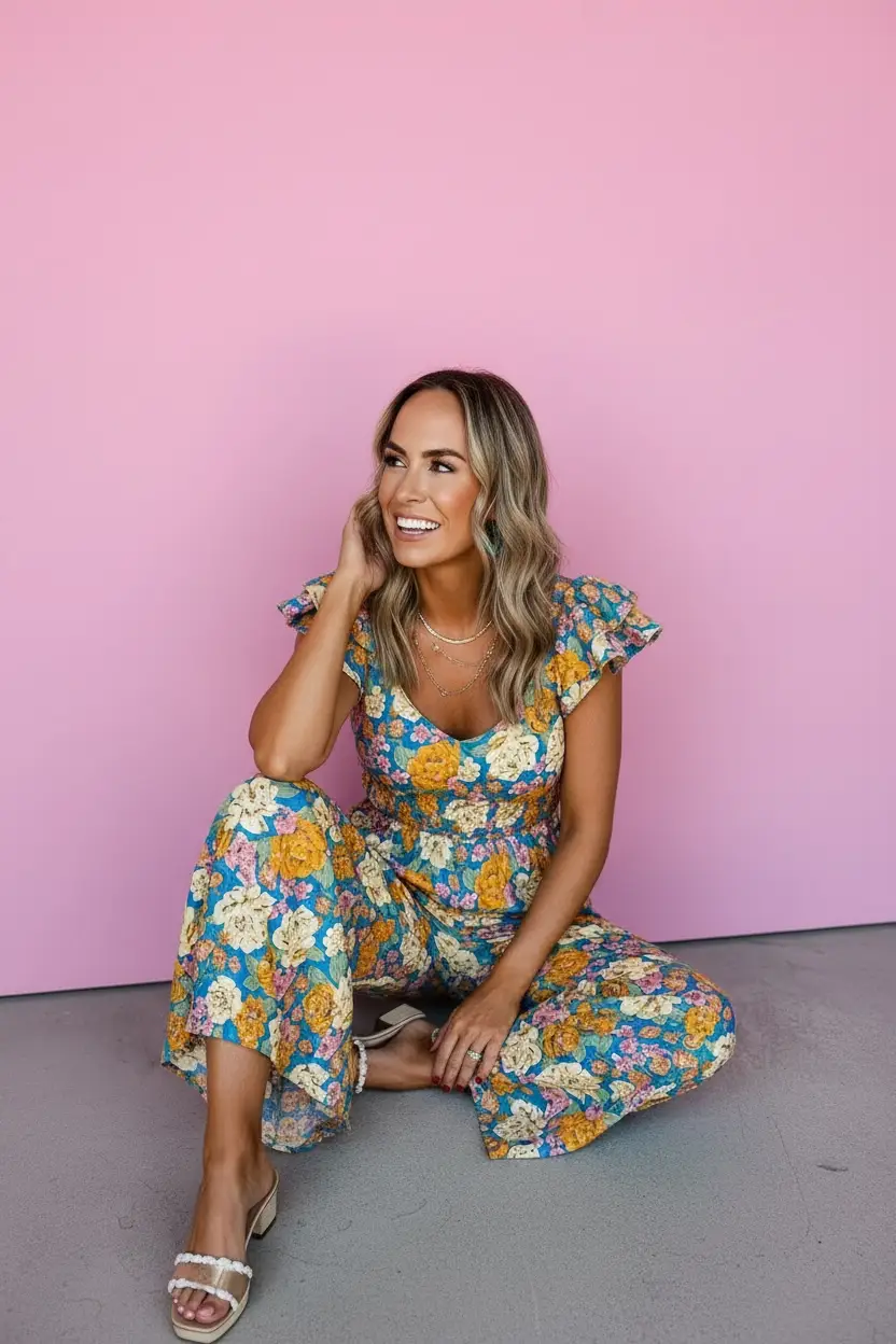 Grateful Threads Boutique The Golden Bloom Flutter Sleeve Jumpsuit - One-Pieces Yellow Floral Allover Print Shirred Cut Out High Waist Jumpsuit