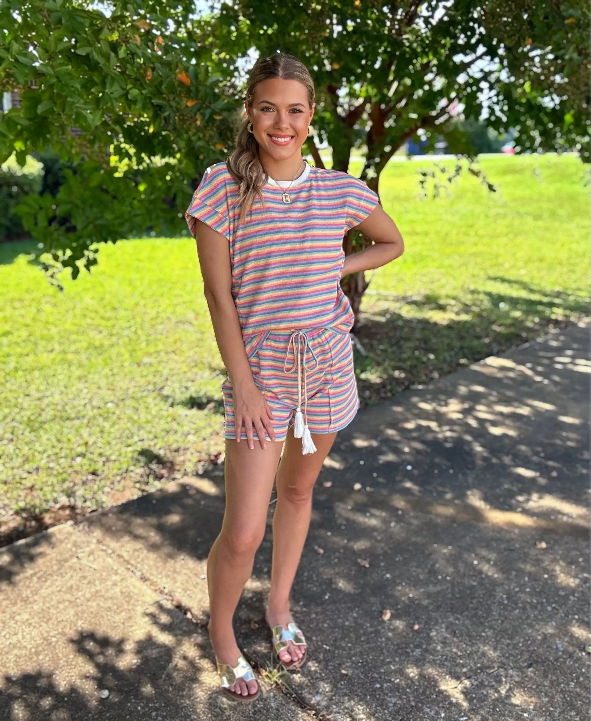 Grateful Threads Boutique Summer Stripes Lounge Set – Tee & Tassel Shorts - Outfit Sets