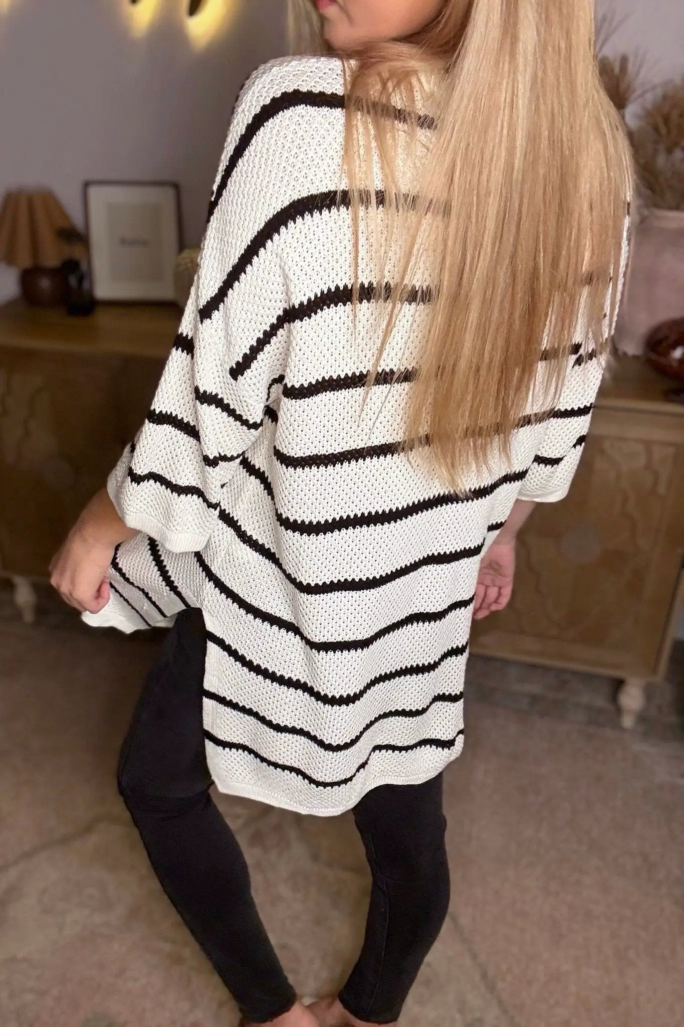 Grateful Threads Boutique White Stripe Henley Buttoned Placket Drop Shoulder Bracelet Sleeve Knit Sweater Tee - Sweaters White Stripe Henley Buttoned Placket Drop Shoulder Bracelet Sleeve Knit Sweater Tee