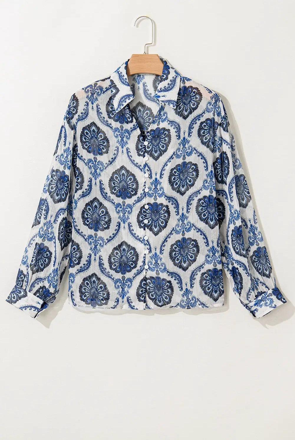 Grateful Threads Boutique Indigo Medallion Boho Button-Down Blouse - Blouses Blue Tribal Pattern Buttoned Front Loose Shirt