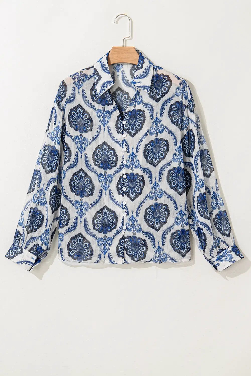 Grateful Threads Boutique Indigo Medallion Boho Button-Down Blouse - Blouses Blue Tribal Pattern Buttoned Front Loose Shirt
