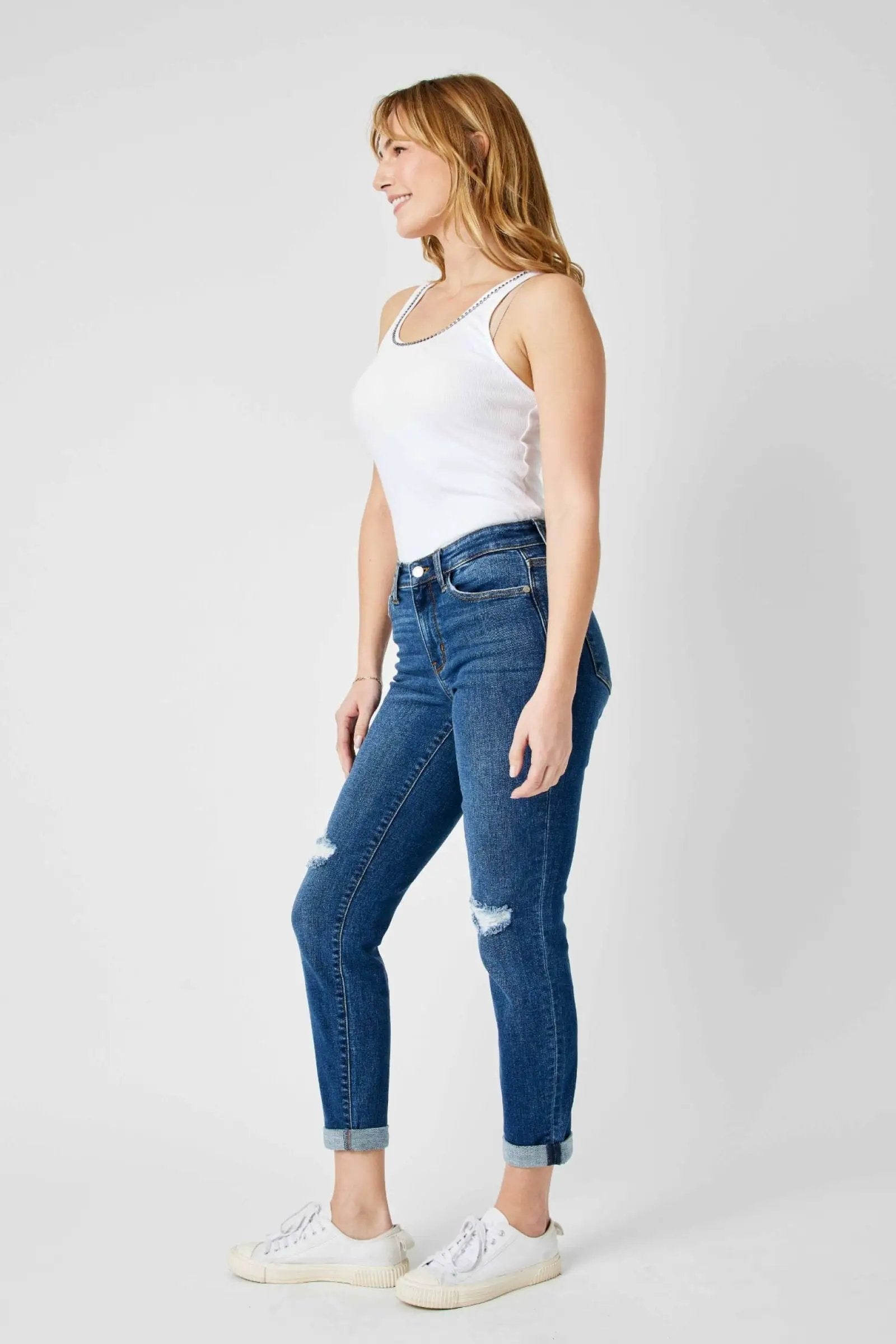 Judy Blue Judy Blue Mid Rise Destroyed Slim Fitting Denim Blue Jeans - Jeans Judy Blue Mid Rise Destroyed Slim Fitting Denim Blue Jeans