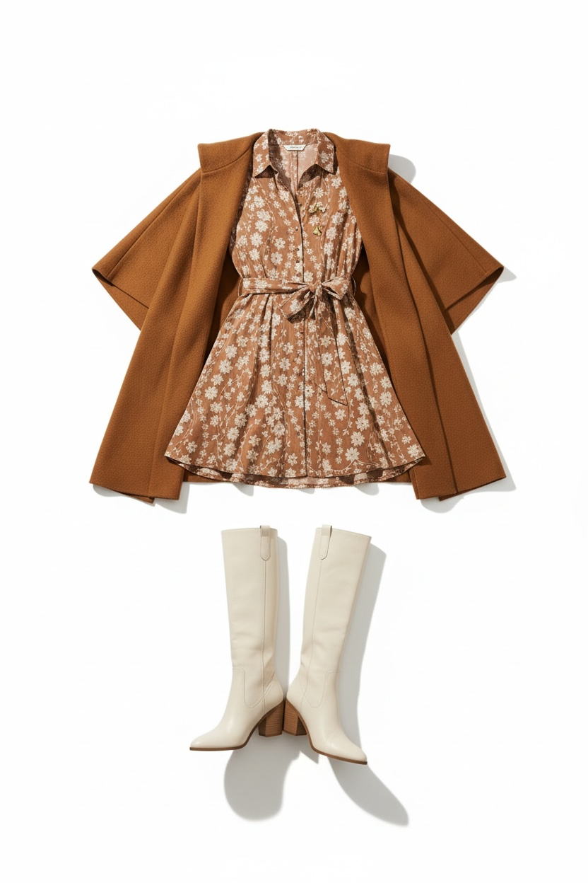 The Social Life outfit by Grateful Threads Boutique: camel coat, brown floral dress with belt, cream knee-high boots