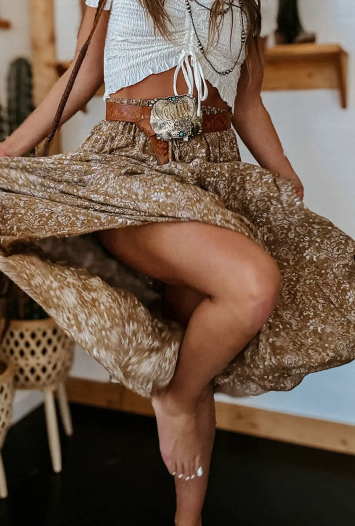 Grateful Threads Boutique Brown Western Floral Print Ruffled Hem High Waist Loose Maxi Skirt - Skirts Brown Western Floral Print Ruffled Hem High Waist Loose Maxi Skirt