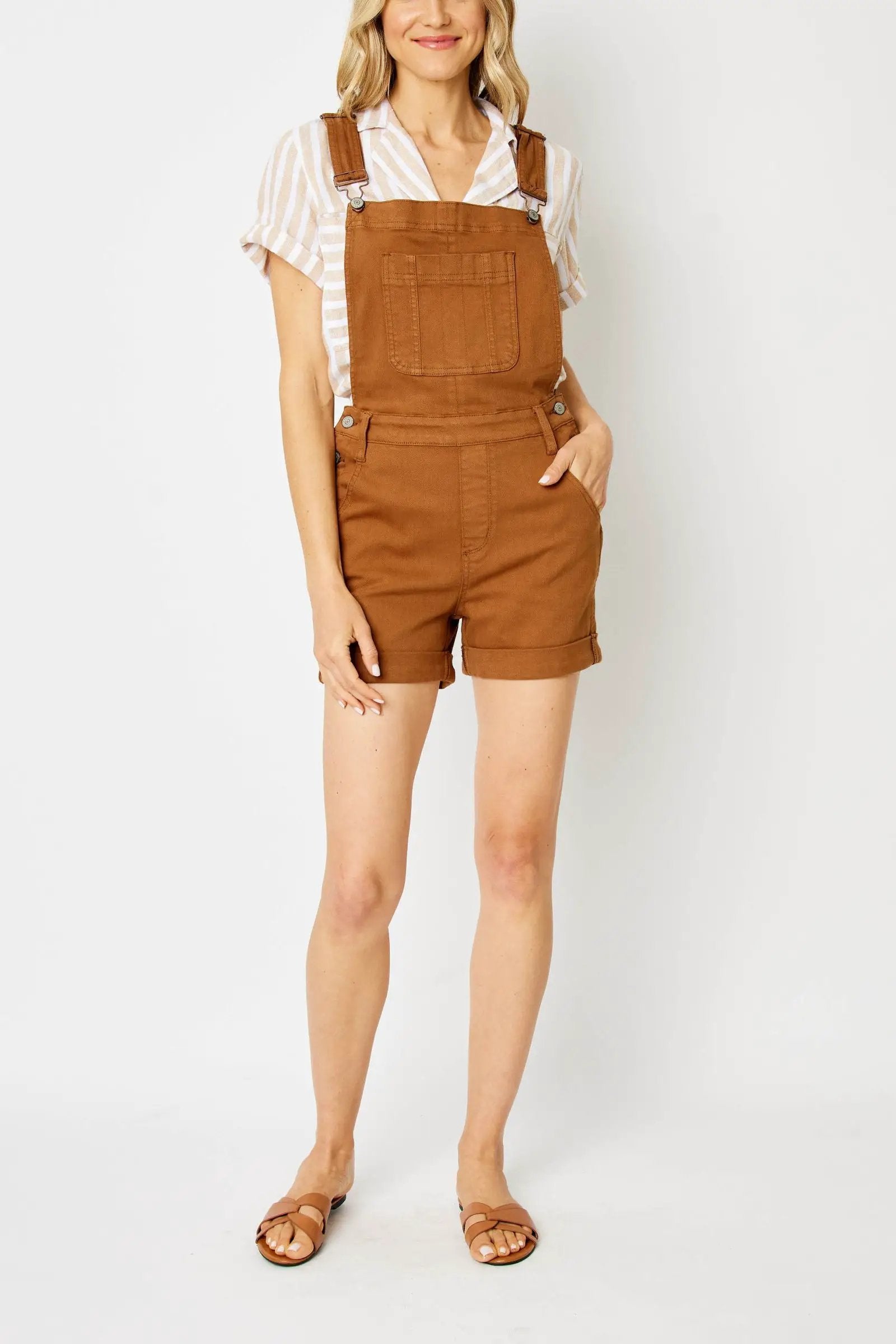Judy Blue Judy Blue High Waisted Garment Dyed Destroyed Cuffed Brown Overall Shorts - One-Pieces Judy Blue High Waisted Garment Dyed Destroyed Cuffed Brown Overall Shorts