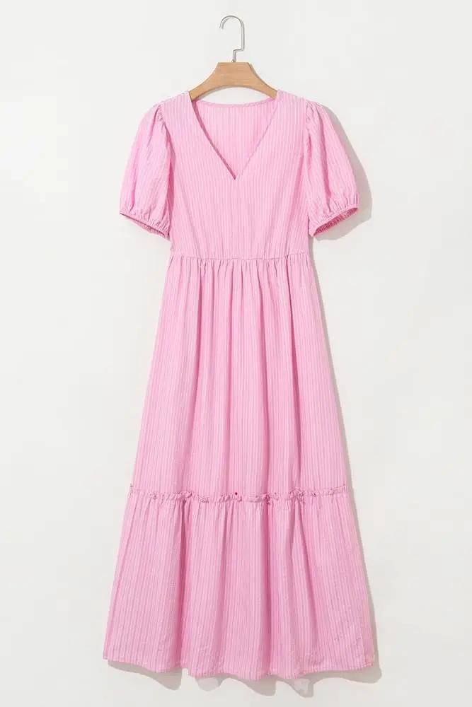 Grateful Threads Boutique The Blush Daydream Stripe Maxi Dress - Dresses Pink Stripe V Neck Puff Short Sleeve Maxi Dress