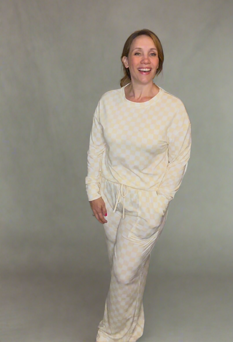 Grateful Threads Boutique Beige Checkered Print Top and Pants Lounge Set - Sleepwear & Loungewear