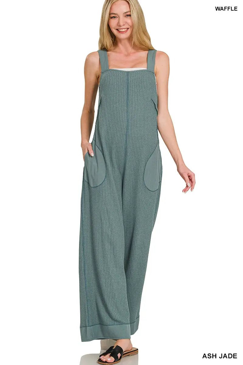 Zenana Zenana Knit Waffle Wide Leg Overalls - One-Pieces Zenana Knit Waffle Wide Leg Overalls