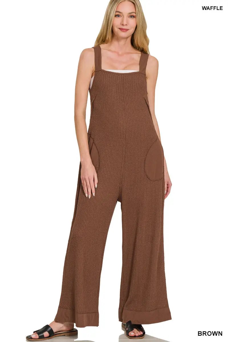 Zenana Zenana Knit Waffle Wide Leg Overalls - One-Pieces Zenana Knit Waffle Wide Leg Overalls