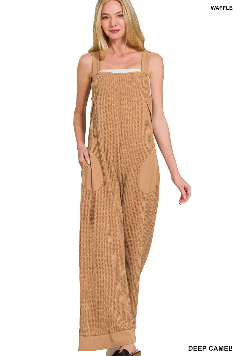 Zenana Zenana Knit Waffle Wide Leg Overalls - One-Pieces Zenana Knit Waffle Wide Leg Overalls