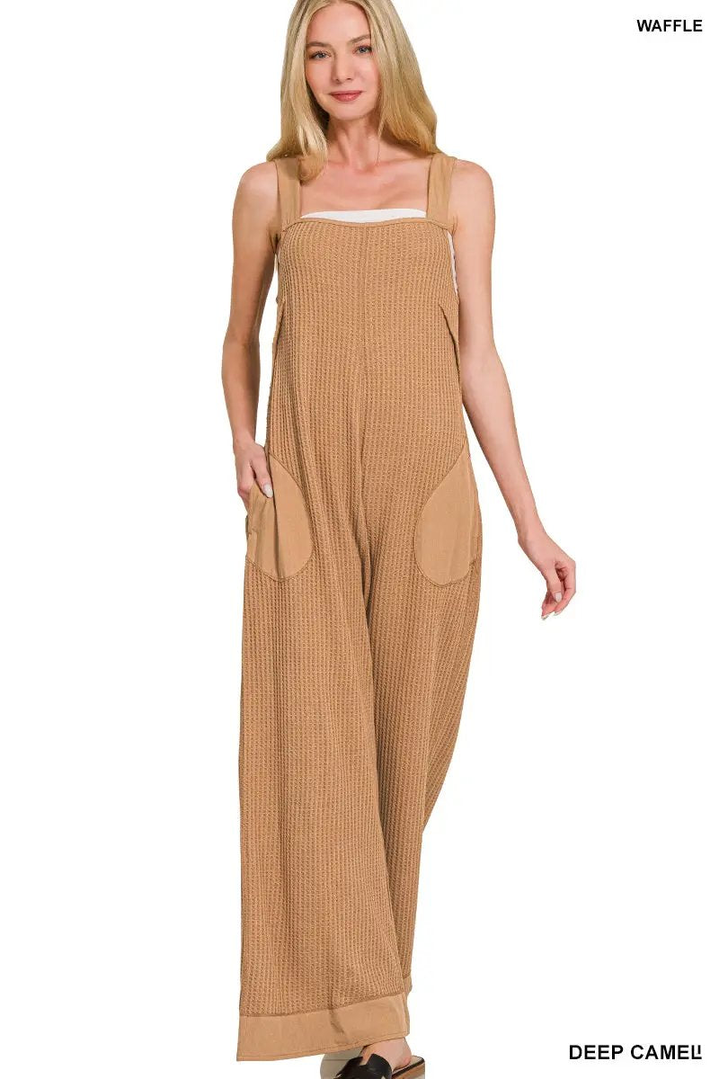 Zenana Zenana Knit Waffle Wide Leg Overalls - One-Pieces Zenana Knit Waffle Wide Leg Overalls