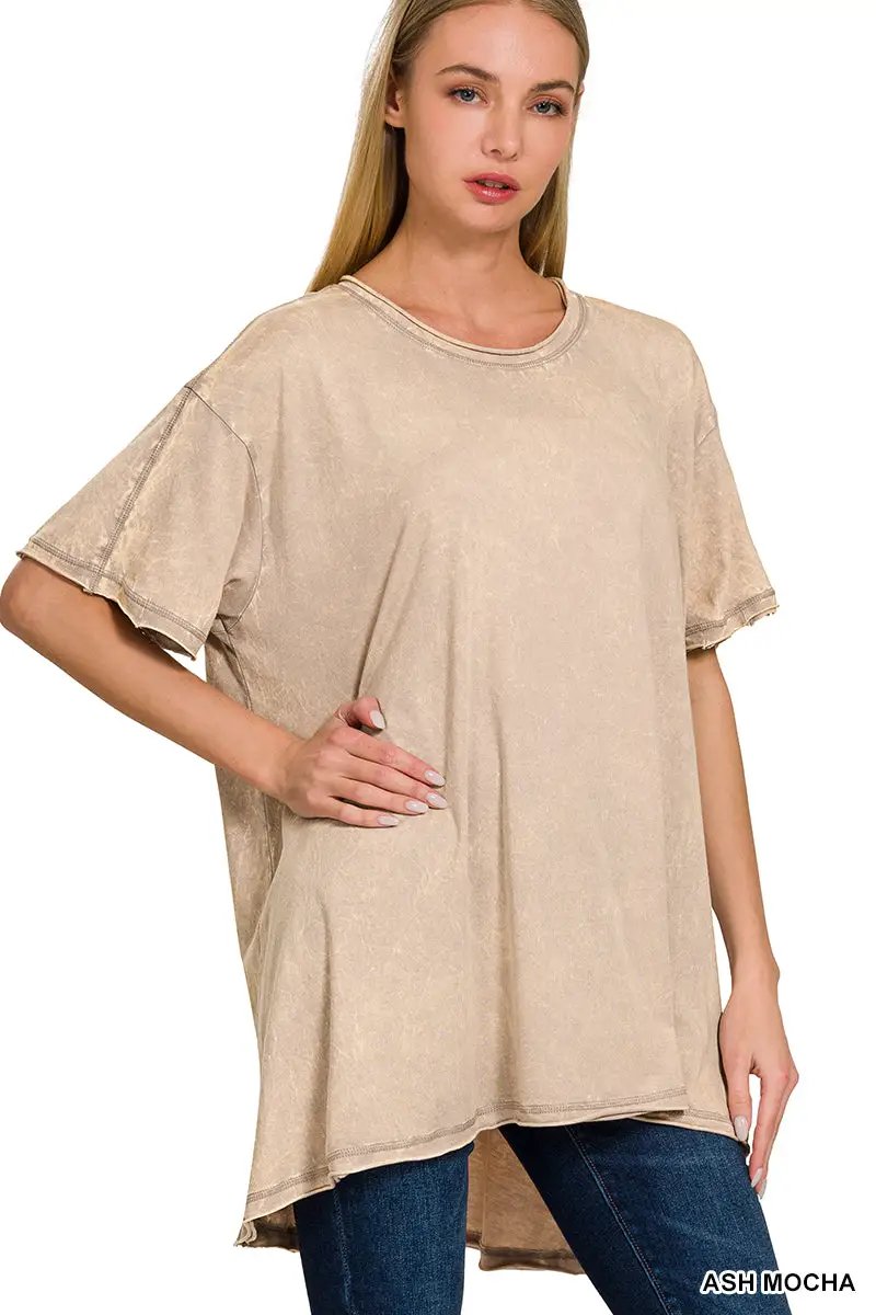 Zenana Crinkle Washed Cotton Drop Shoulder Oversized Top - T-Shirts Crinkle Washed Cotton Drop Shoulder Oversized Top